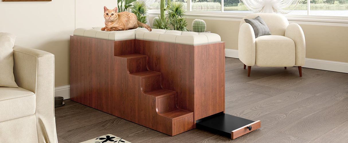 2 in 1 Dog Crate with Padded Seat Walnut 56'L Furniture Style