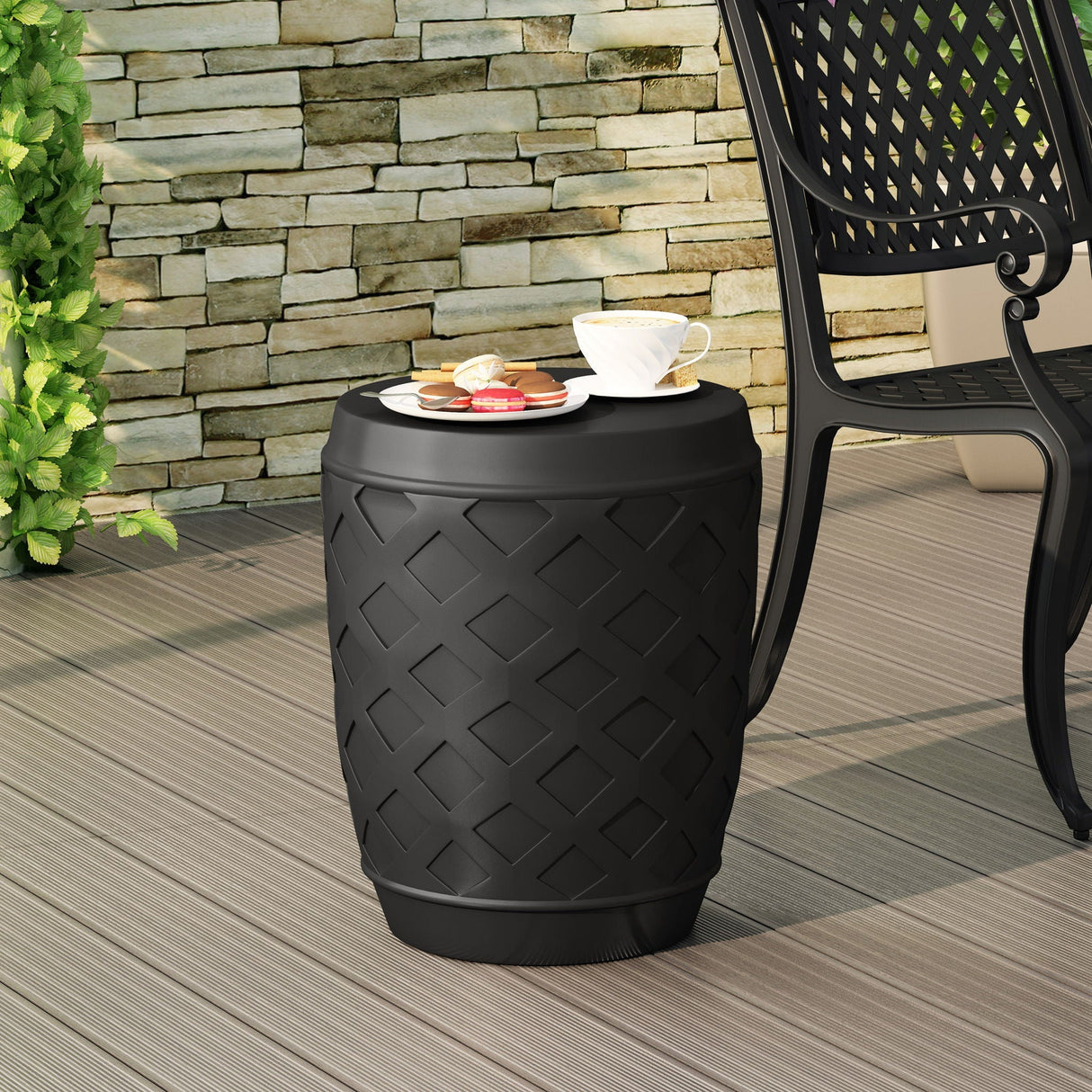 Outdoor Side Table with Lattice Design and Round Top - Black