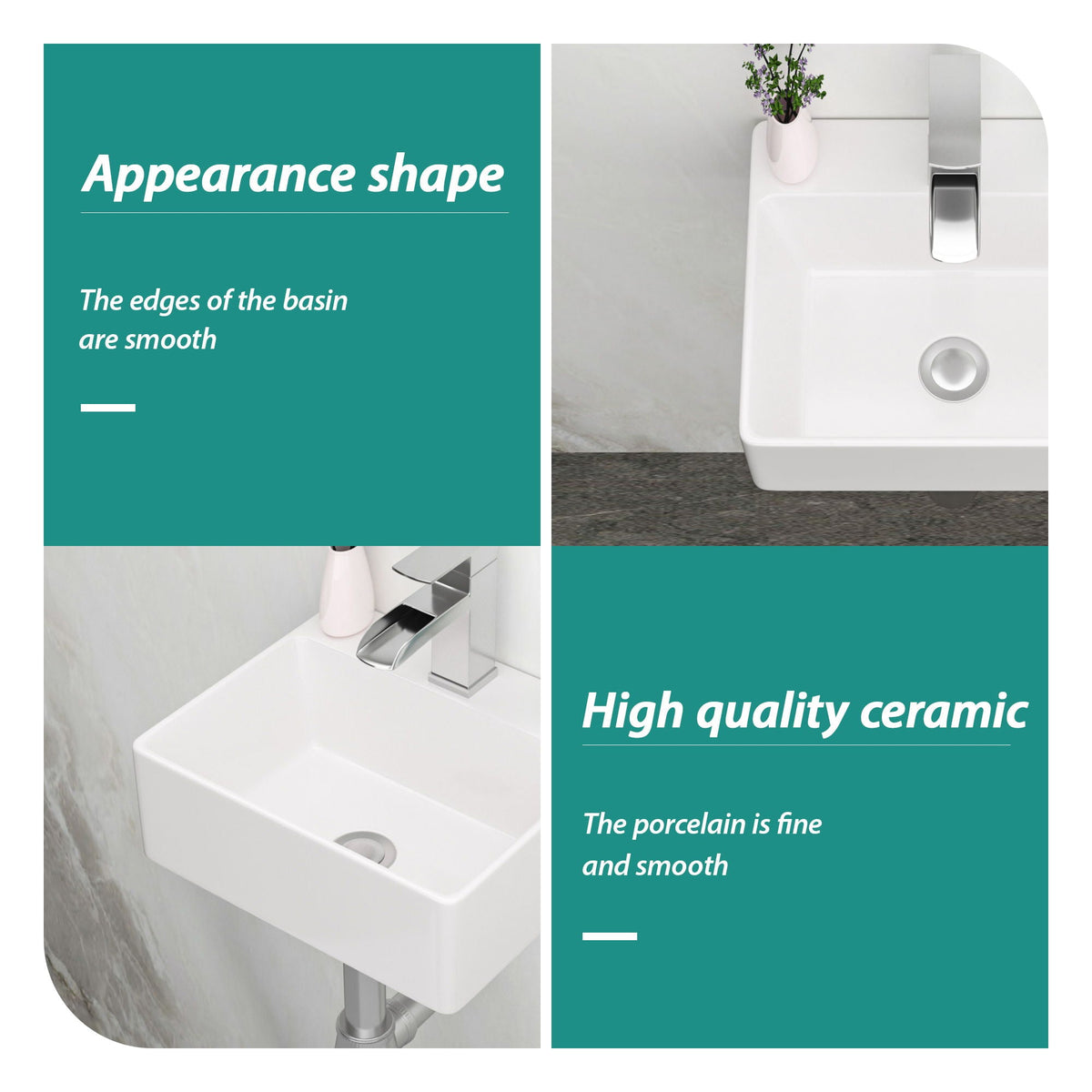 Ceramic Rectangle Wall Mount Bathroom Sink With Single Faucet Hole