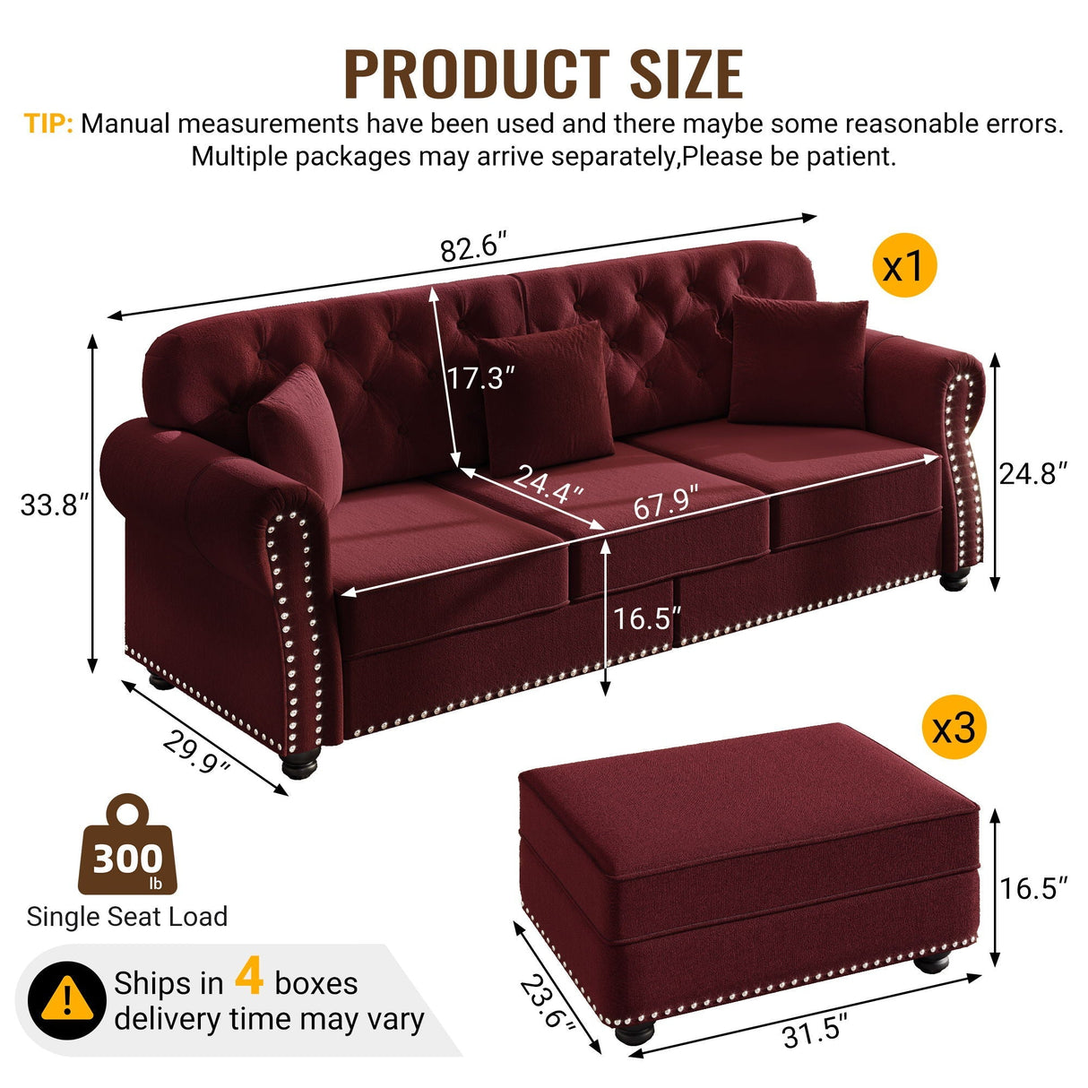 Upholstered Sofa Set With Nailhead Trim and Rolled Armrests, Includes Pillows