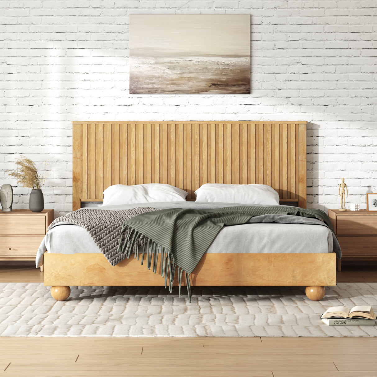 Natural Queen Size Wood Bed Frame With Reeded Headboard