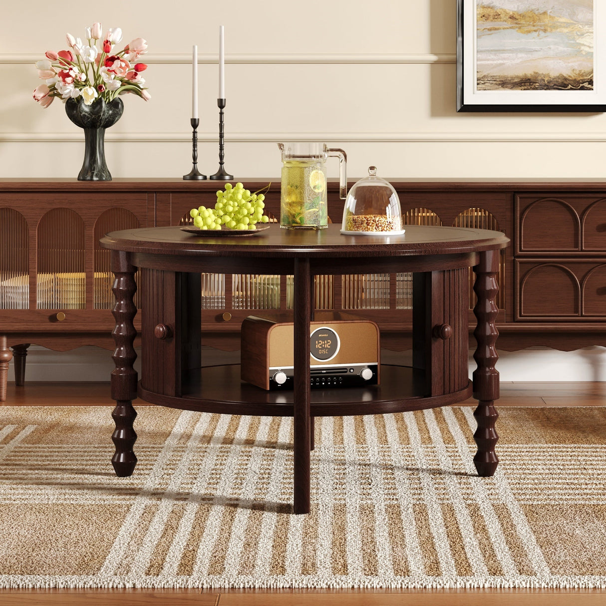 Vintage Round Coffee Table with Storage in Walnut