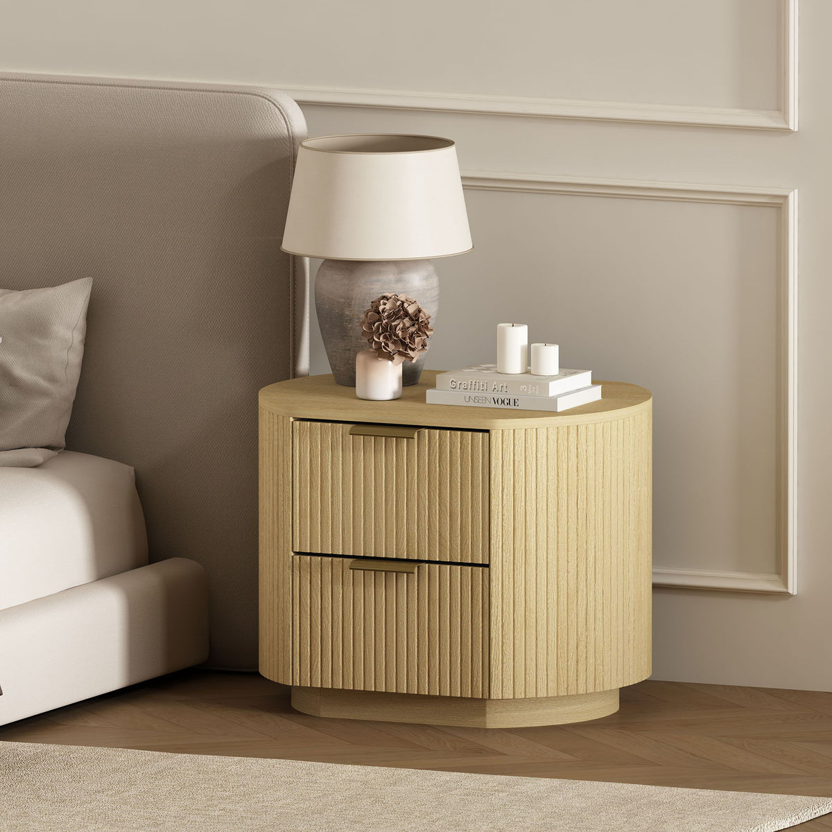 Oak Nightstand with Two Drawers and Ribbed Texture - Oak