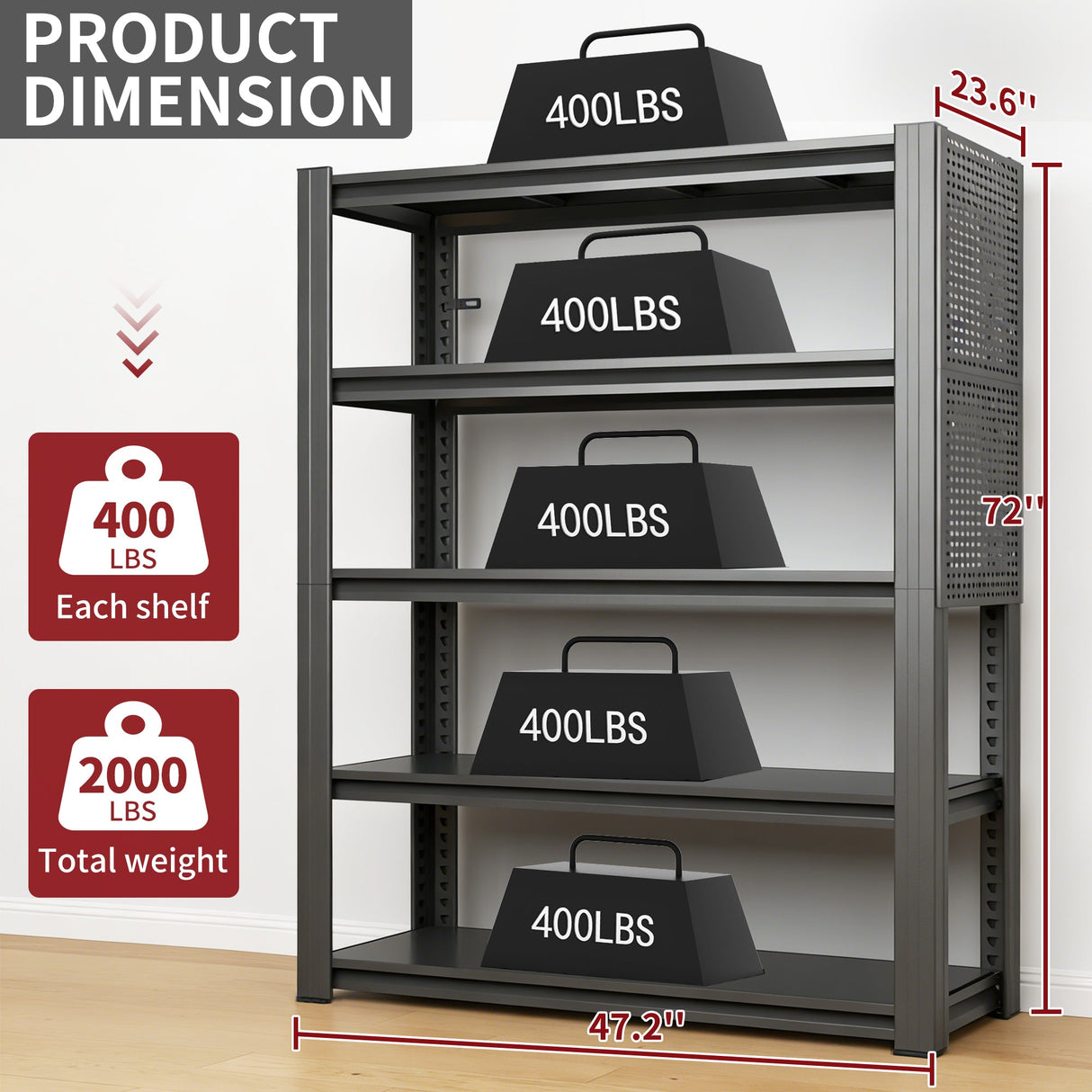72"H 5-Tier Adjustable Heavy-Duty Shelving with Pegboard