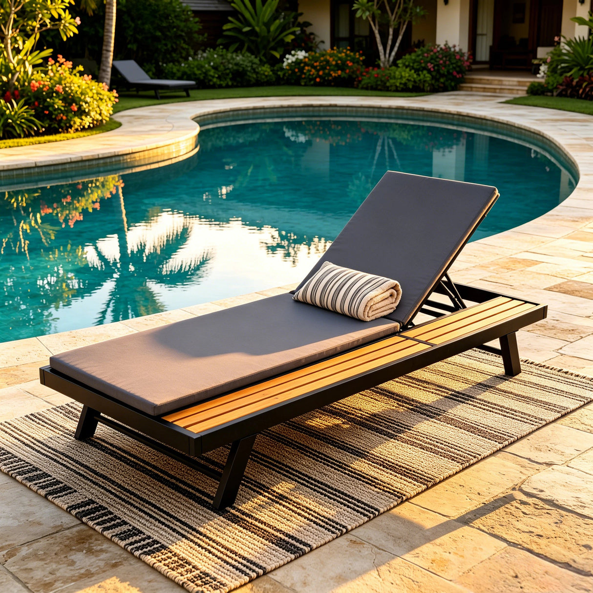 Black Iron + Teak Finish Outdoor Chaise Lounge Set