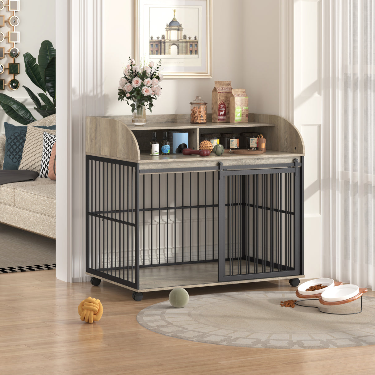 44'' Heavy Duty Large Dog Crate Furniture for Large Medium Dog with Lockable Wheels, Wooden Dog Crate Dog Kennel, End Table Crate with Double layer storage, Gray