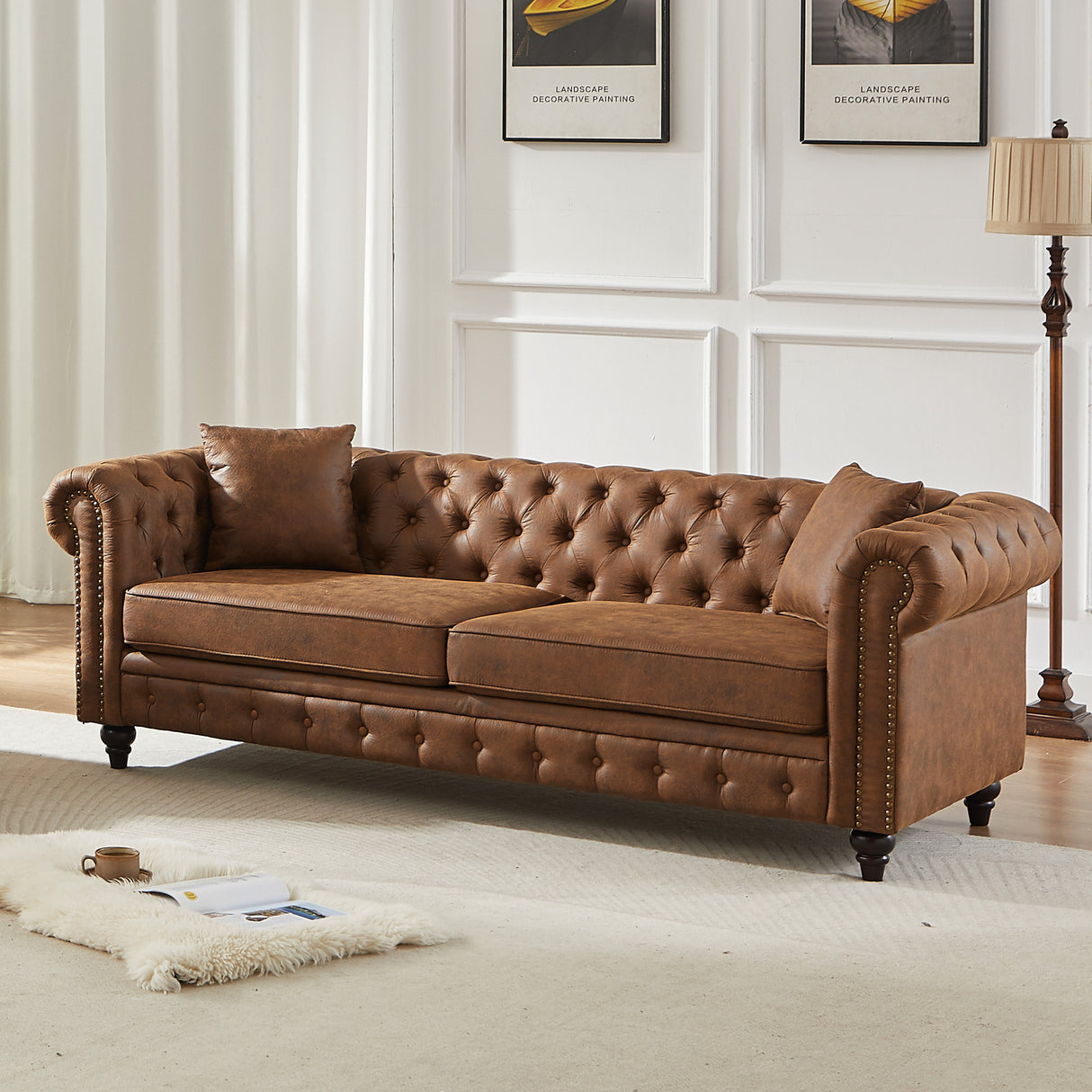 Tech Fabric Chesterfield Sofa with Rolled Arms - 3 Seater