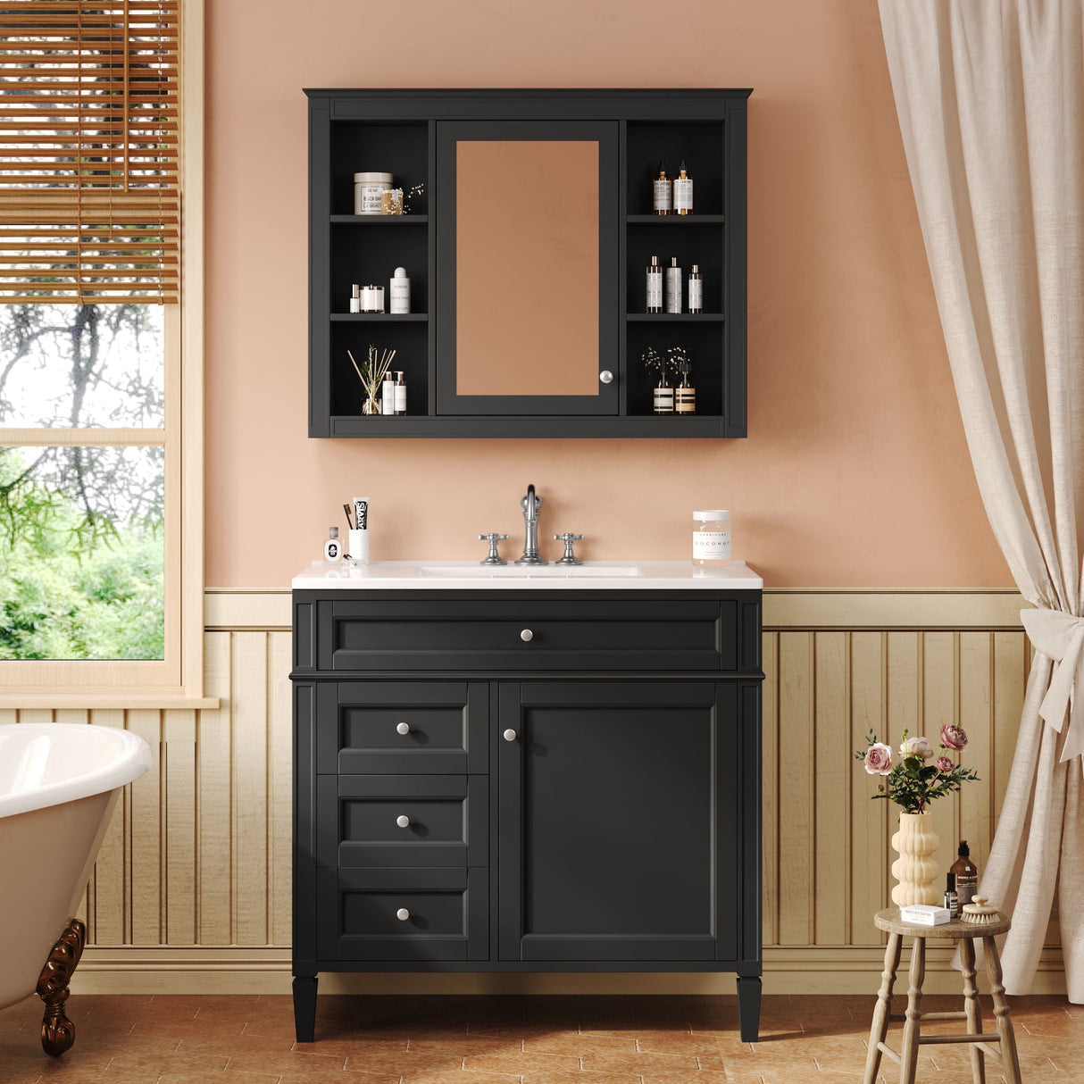 Bathroom Vanity with Mirror Cabinet, Single Sink with 2 Soft Closing Doors and 4 Drawers