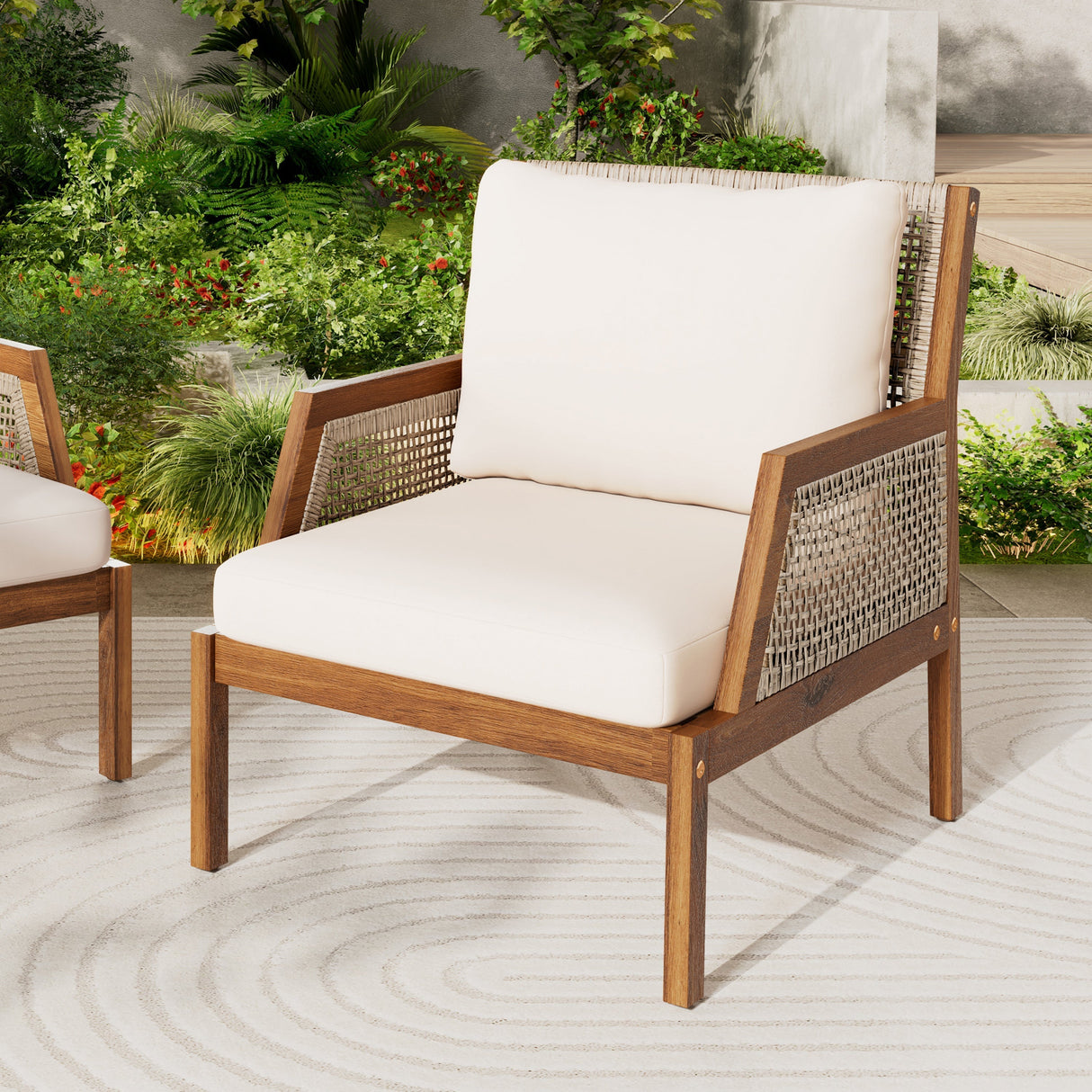 Acacia Wood Patio Furniture Club Chair Outdoor Wicker Armchair with Deep Seating and Soft Cushions