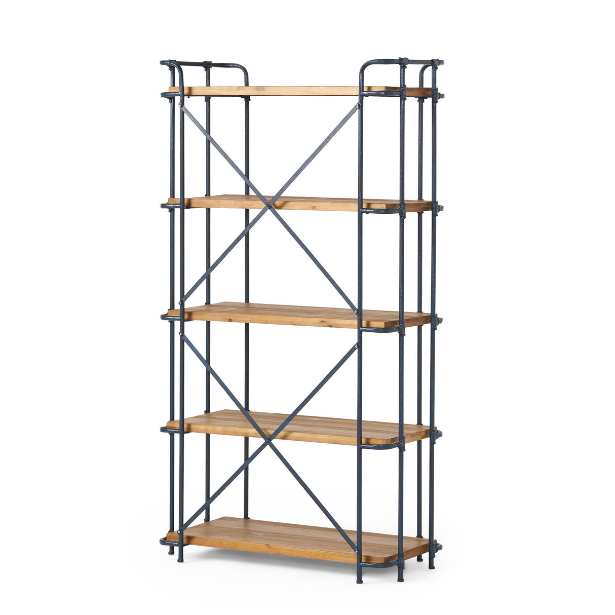Yorktown - Industrial 5 Shelf Bookcase With Metal Pipework And Solid Fir - Natural