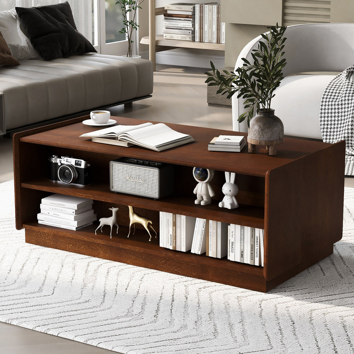 Modern Rectangle Coffee Table with 4 Drawers and 2 Display Shelves