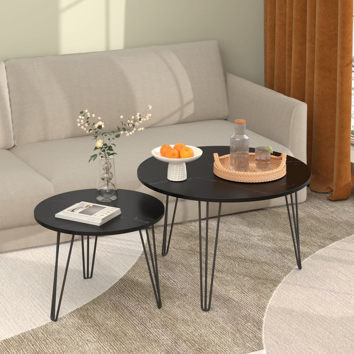 Rustic Round Nesting Coffee Table Set of 2 with Metal Frame - White, Black, Light Brown