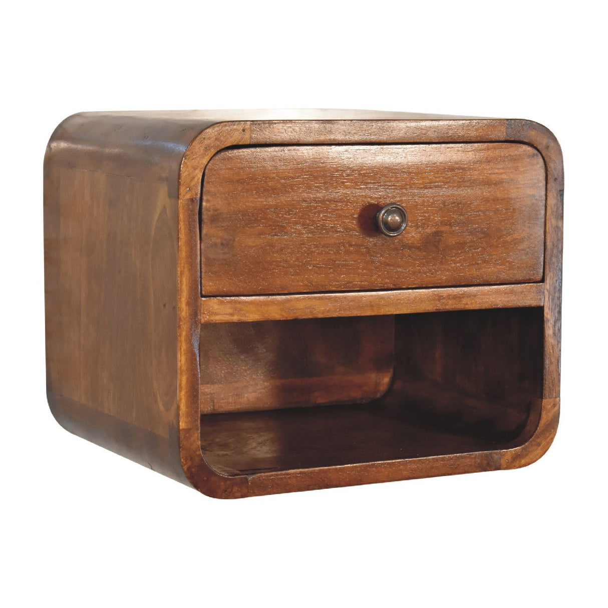 Solid Wood Mini Curve Floating Nightstand, 1-Drawer, 1 Open Slot, Chestnut