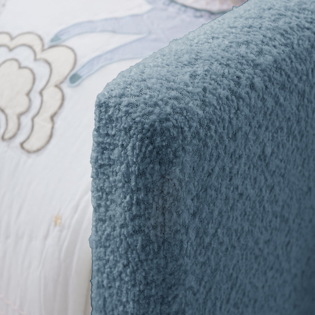 Twin Size Upholstered Platform Bed with Cute Rabbit Ear Shaped Headboard, with Safety Rail and Pocket, Boucle Fabric