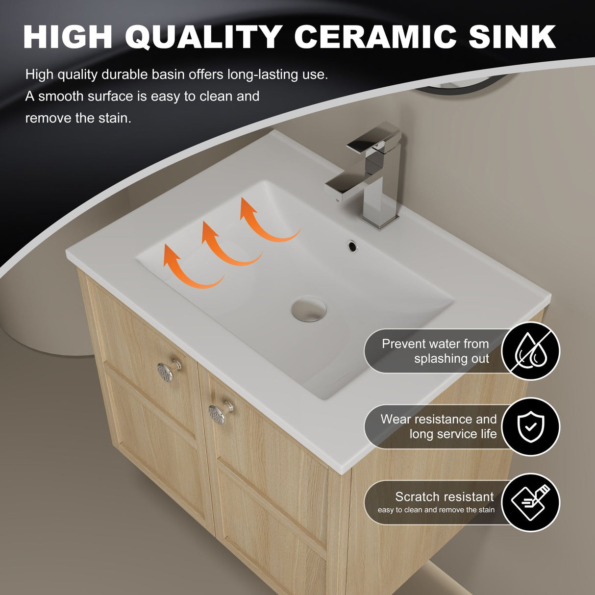 Wall Mounted Bathroom Vanity With Ceramic Sink And 2 Soft Closing Doors