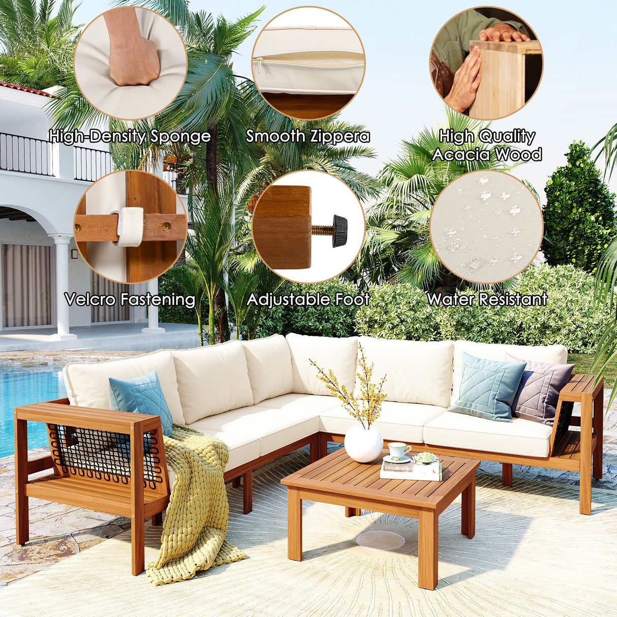 GO 4 Pieces Outdoor Acacia Wood Sofa Set with Coffee Table