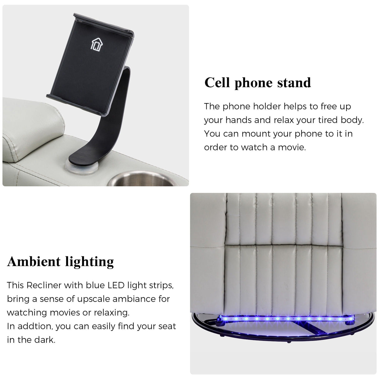 270° Power Swivel Recliner Home Theater Chair With Hidden Arm Storage, LED Light, Cup Holder, And Tray Table