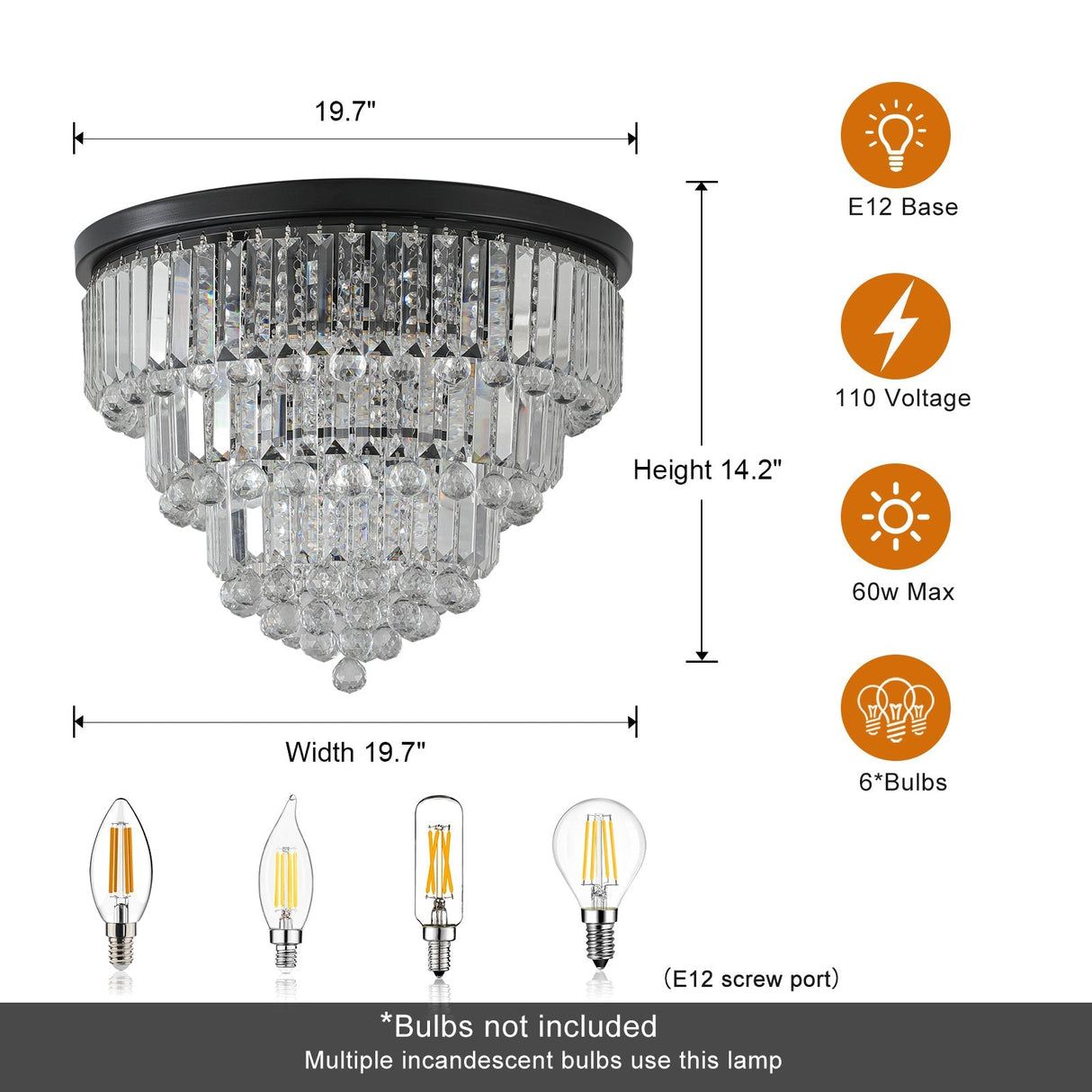 20' Luxury Crystal Flush Mount Ceiling Light with Black Finish – Elegant 6-Light Chandelier for Living Room, Dining Room, or Bedroom (Bulb Not Included)