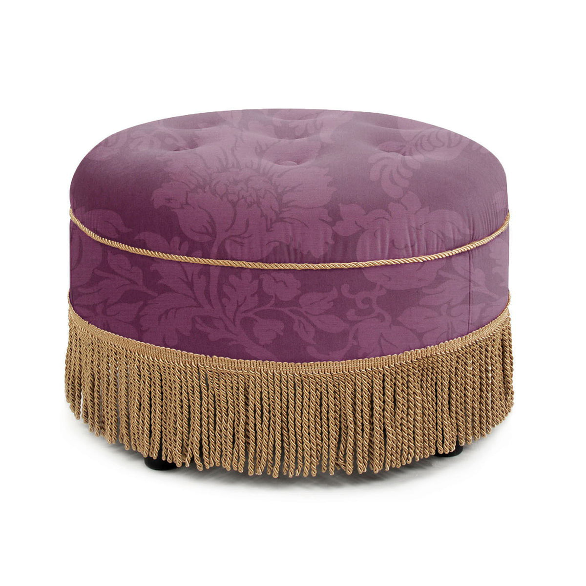 Luxurious Round Upholstered Ottoman with Fringe – Yellow or Purple