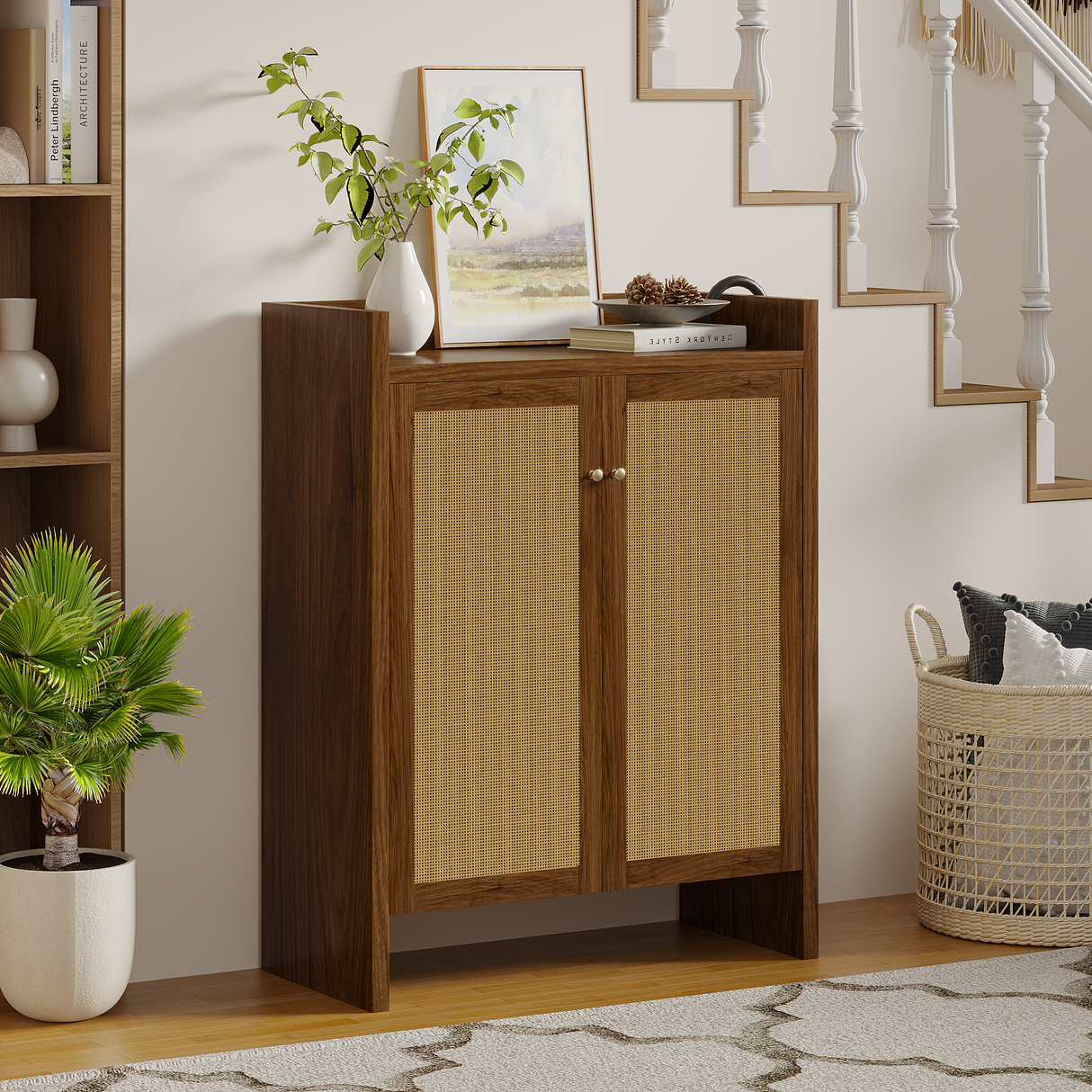 42.5" Tall Rattan Shoe Cabinet with Doors
