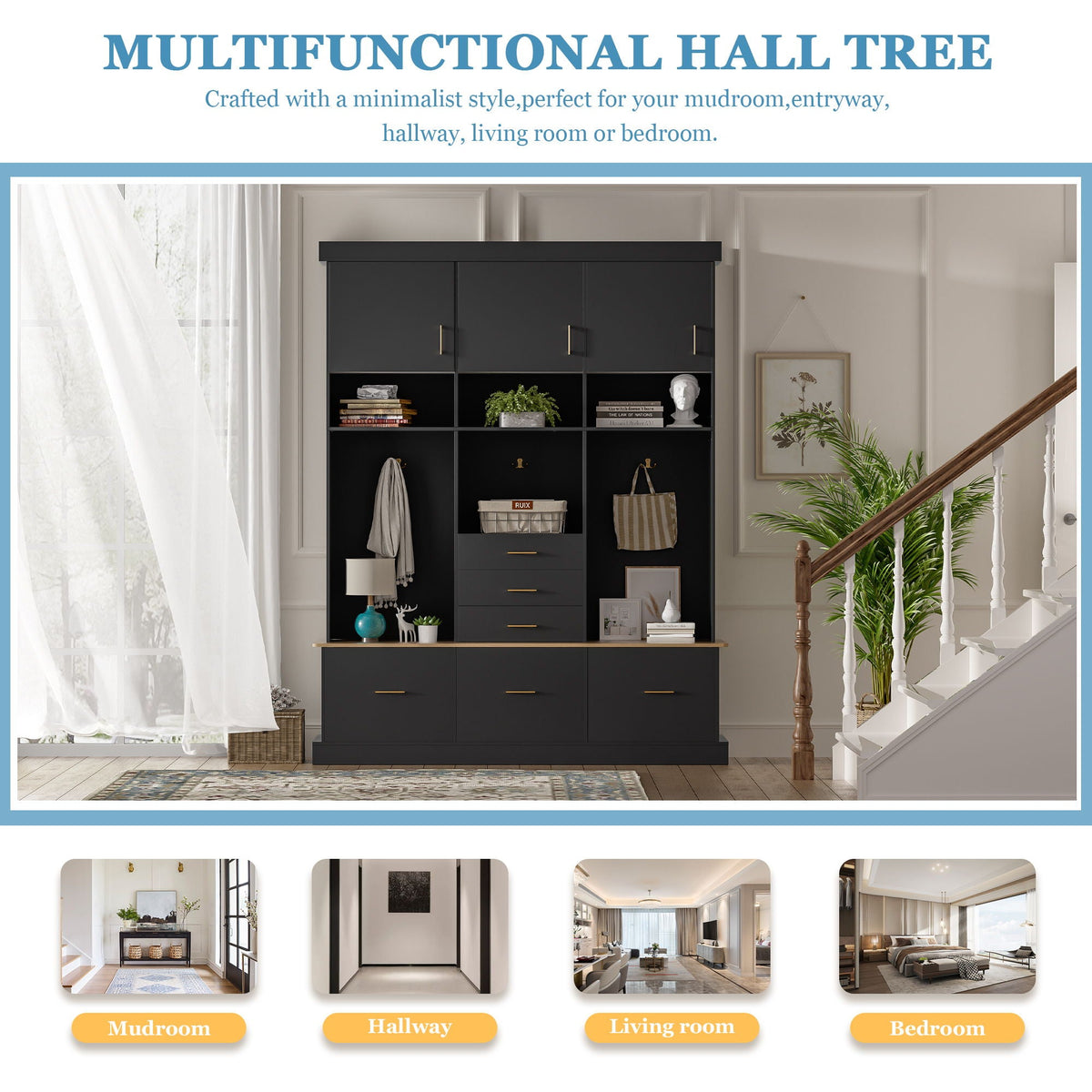 Entryway Hall Tree With Bench And Storage, 5 In 1 Coat Rack