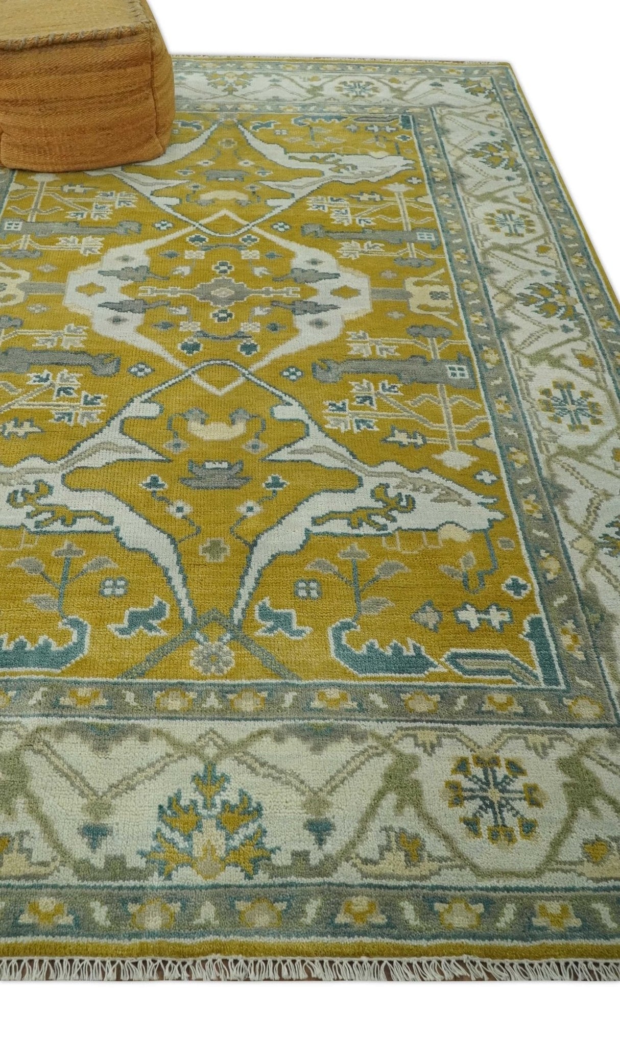 6x9 Mustard, Ivory and Gray Hand Knotted Traditional Oriental Oushak wool area rug