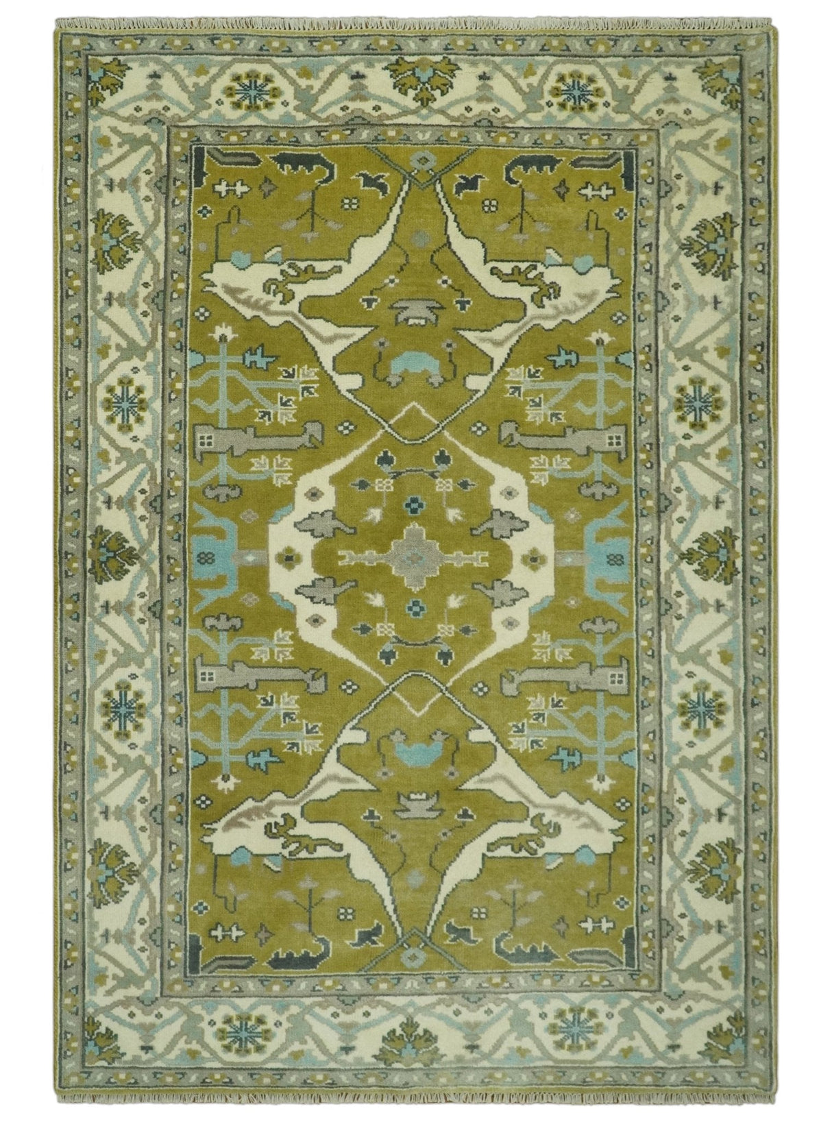 6x9 Olive and Ivory Hand Knotted Traditional Oriental Oushak wool area rug