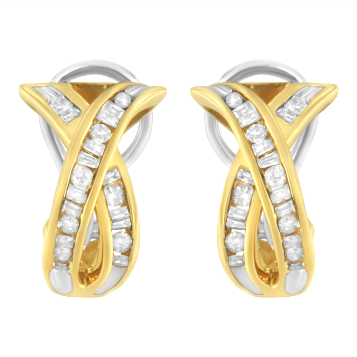 14K Yellow and White Gold 1/2 TDW "X" Shape Cross Over Diamond Hoop Earrings (I-J, I2-I3)