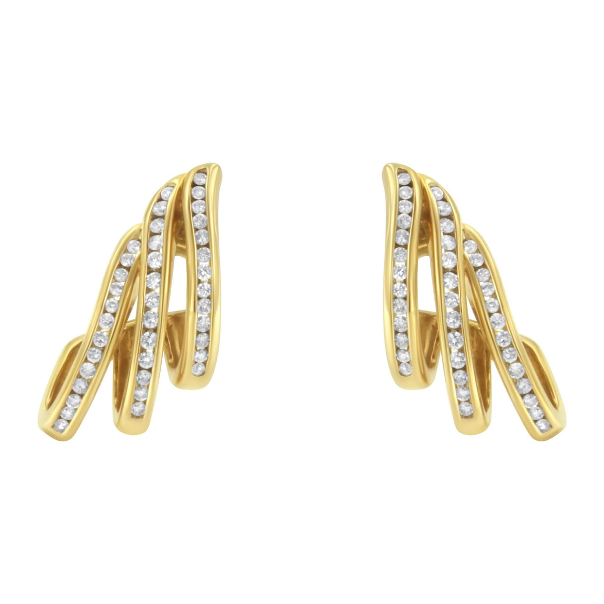 10K Yellow Gold 1.0 Cttw Round Brilliant Cut Diamond Spiral Multi Row Channel Set Open Hoop Pushback Stud Earrings (H-I Color, I1-I2 Clarity)