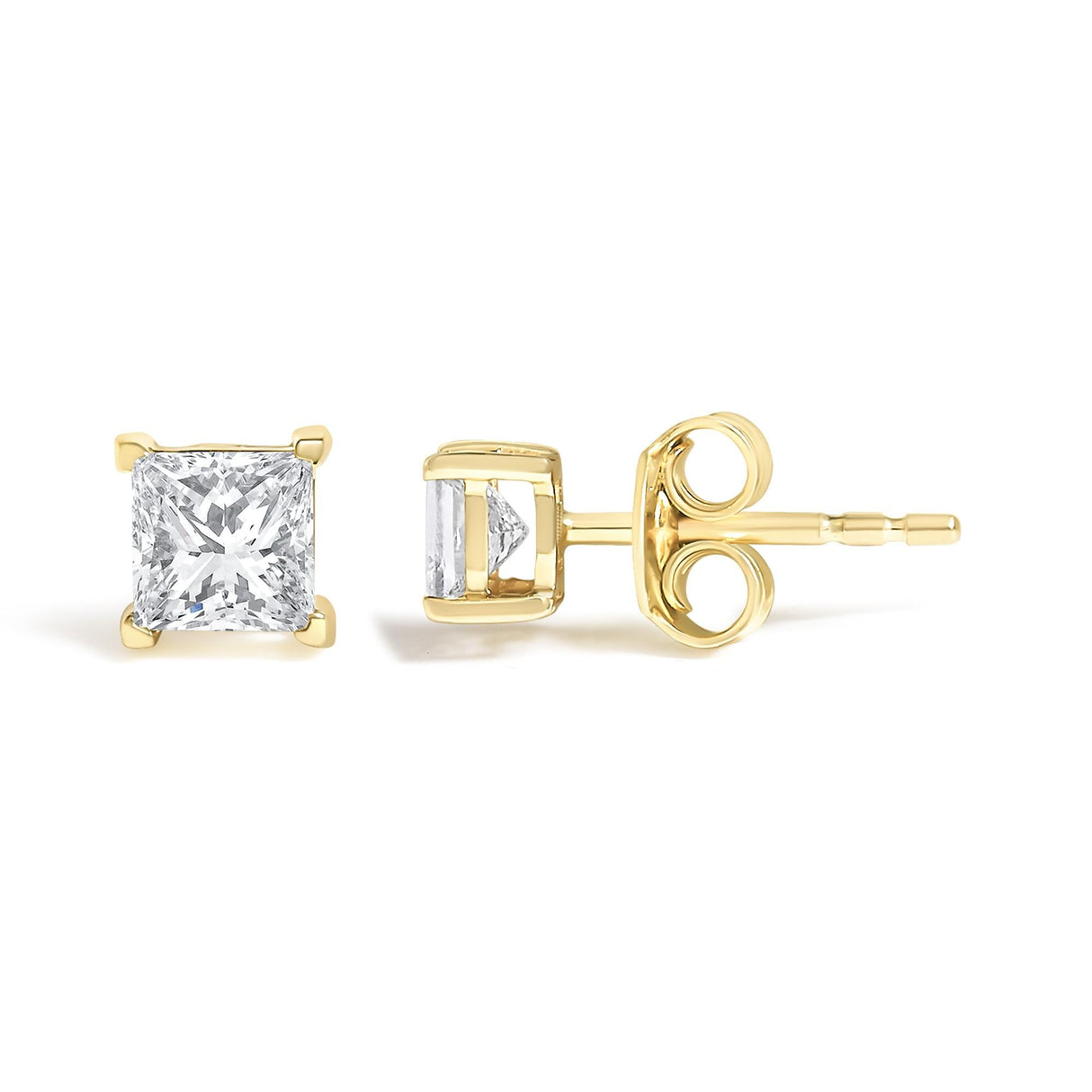 IGI Certified 14k Yellow Gold 1/2 cttw 4-Prong Set Princess-Cut Solitaire Diamond Push Back Stud Earrings (M-N Color, SI2-I1 Clarity)