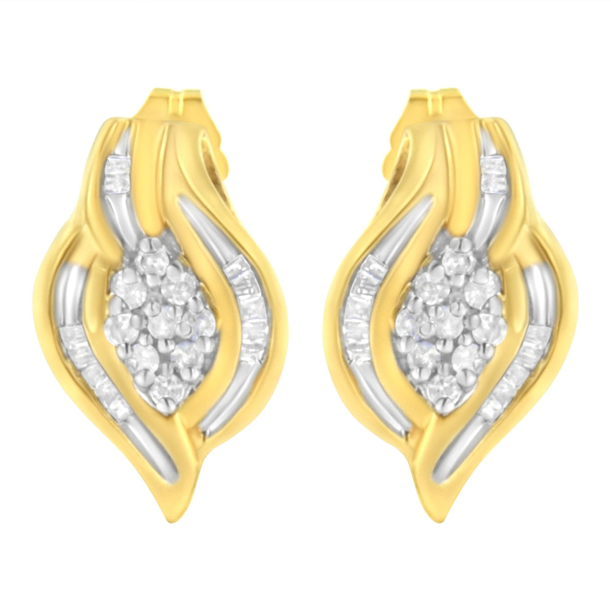 10K Yellow Gold 1/3 cttw Round-Cut Diamond Cluster and Swirl Stud Earrings (J-K Clarity, I2-I3 Color)