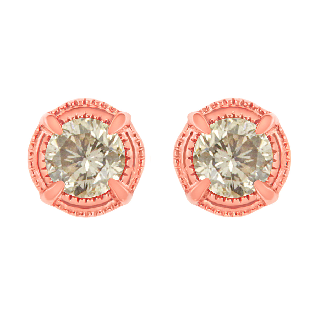 14K Yellow Gold Plated .925 Sterling Silver 1.0 Cttw Round Brilliant Cut Diamond Solitaire Milgrain Stud Earrings (K-L Color, I2-I3 Clarity)