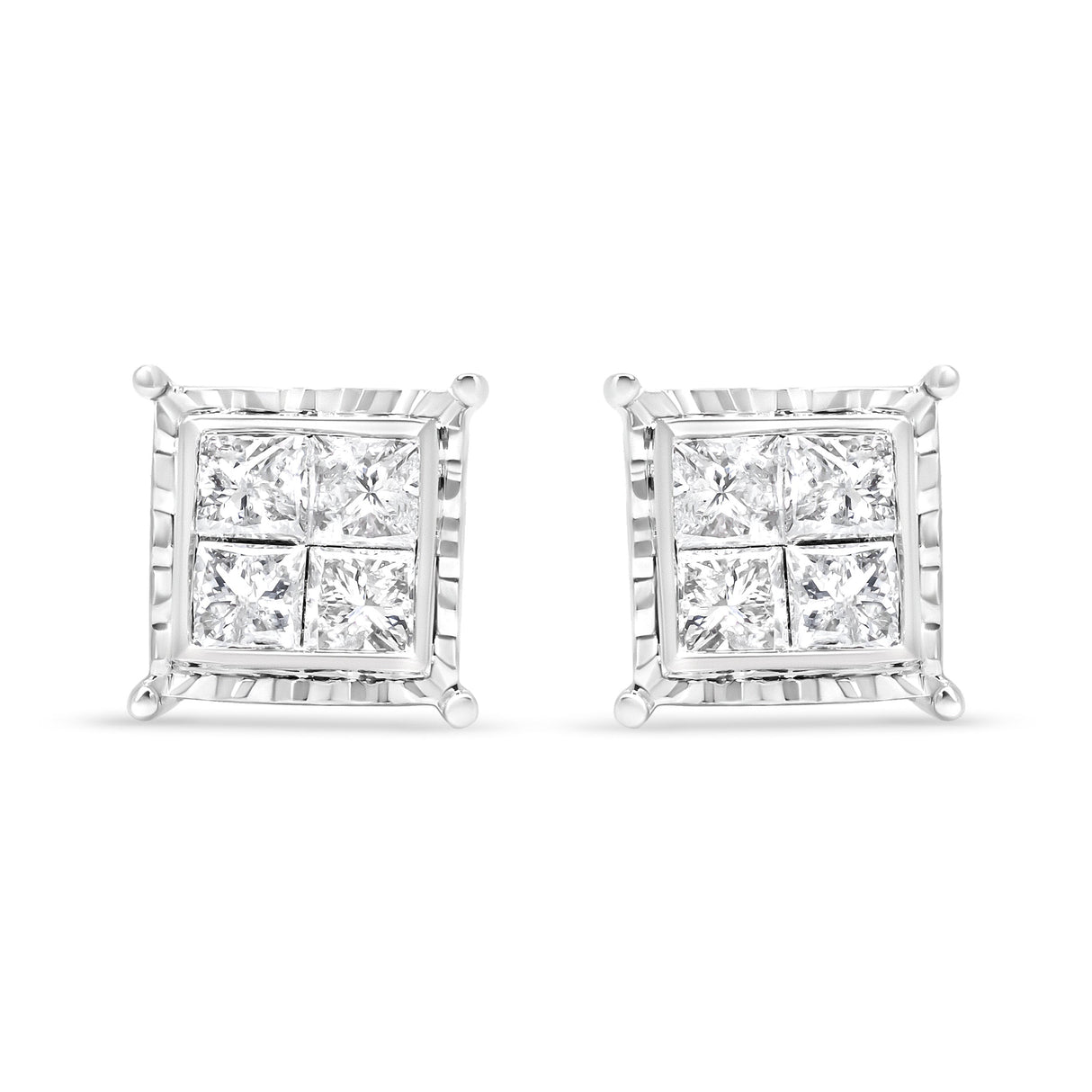 14K White Gold 1 1/2 Cttw Invisible Set Princess-Cut Diamond Contemporary Wavy Quad Stud Earrings (I-J Color, I1-I2 Clarity)