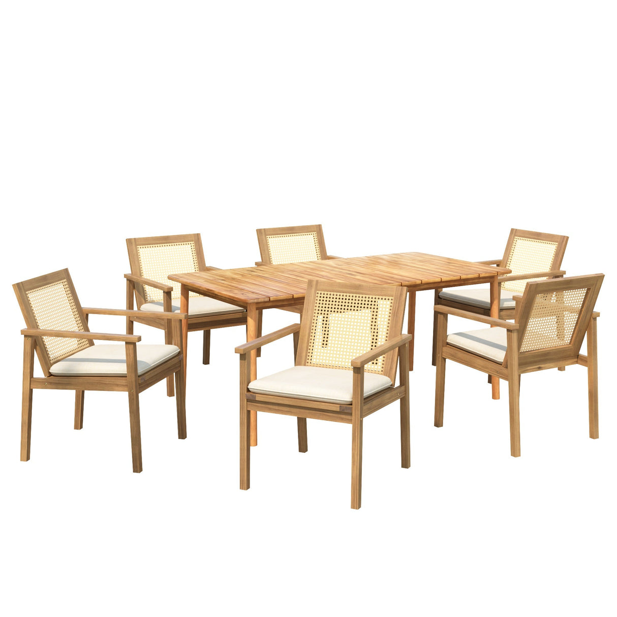 Preston Outdoor Patio 7-Piece Dining Set with Acacia Wood Chairs and Beige Cushions