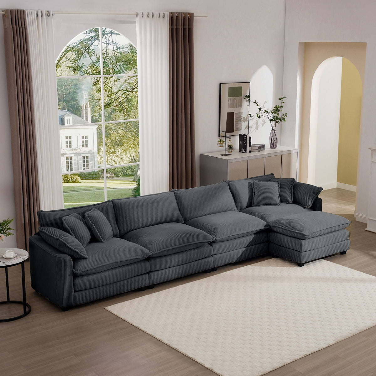 Modern Modular Cushion Sofa Set with Ottoman - Fabric, Multiple Colors