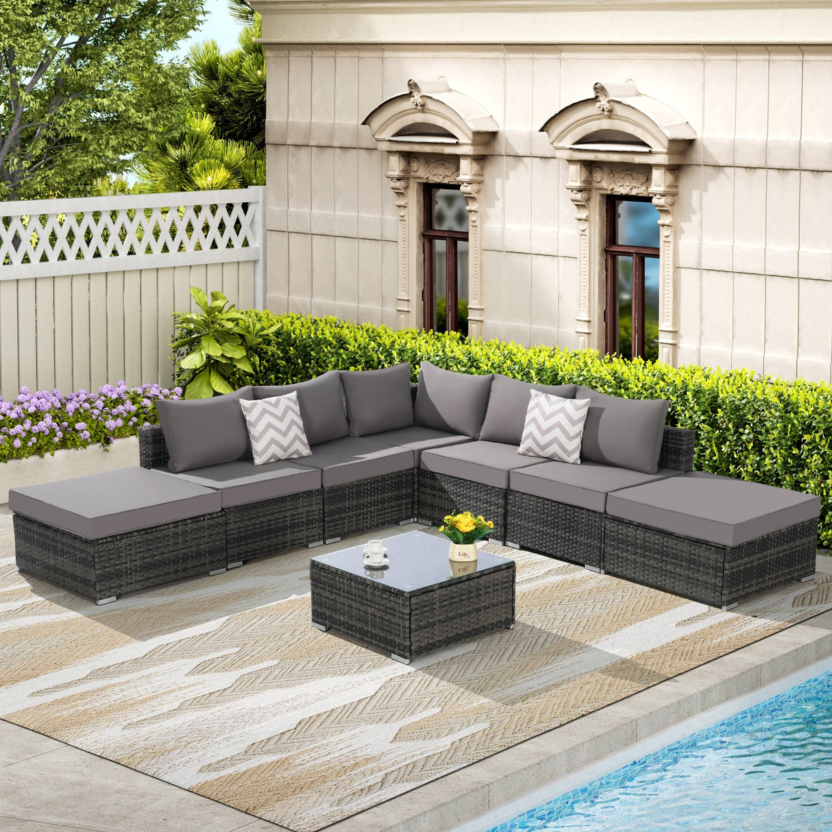 8 Pieces Outdoor Patio Sectional Sofa Couch,Wicker Furniture Conversation Sets with Washable Cushions & Glass Coffee Table for Garden, Poolside, Backyard