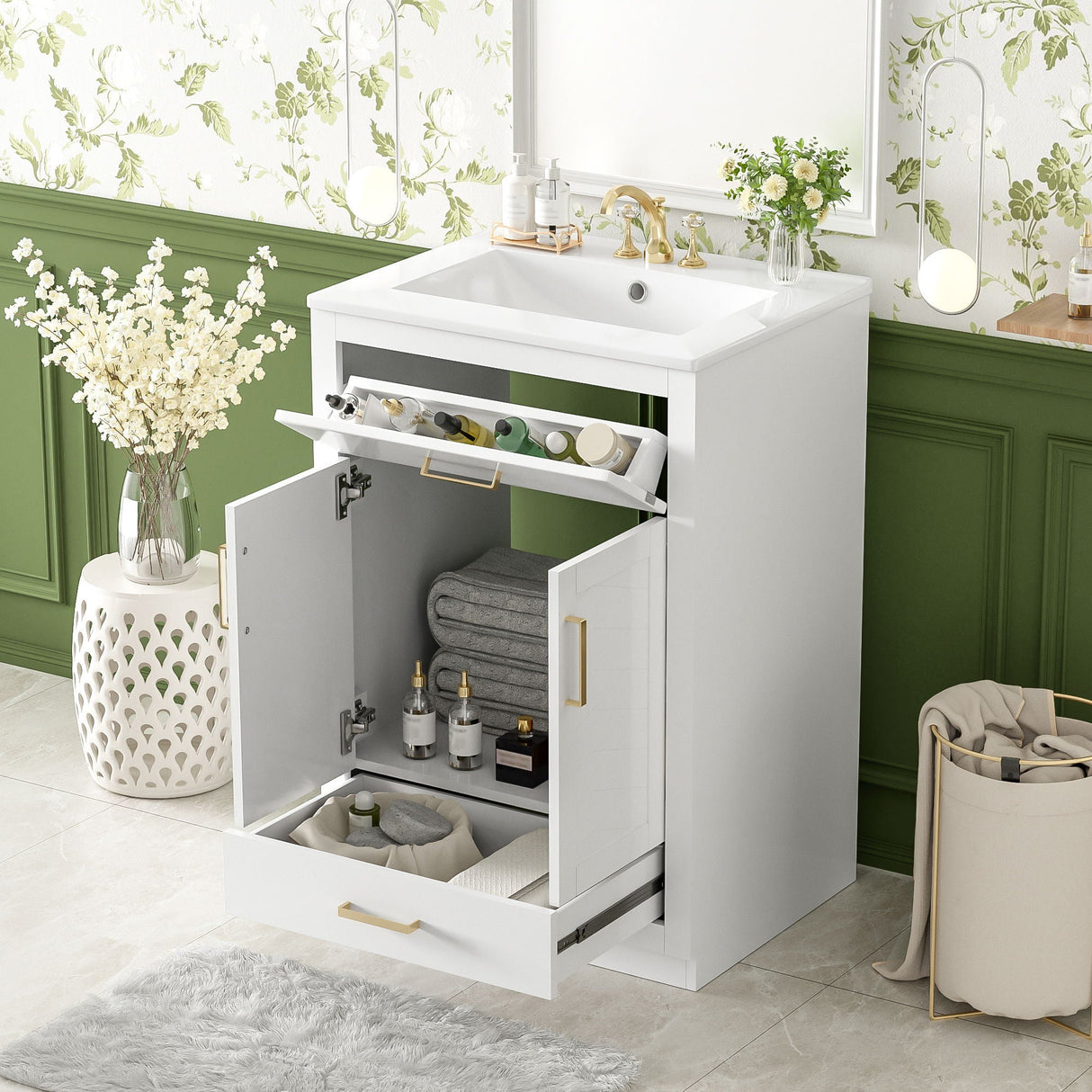 Modern Bathroom Vanity With Integrated Ceramic Sink, 2 Door Cabinet With Tip-Out Drawer