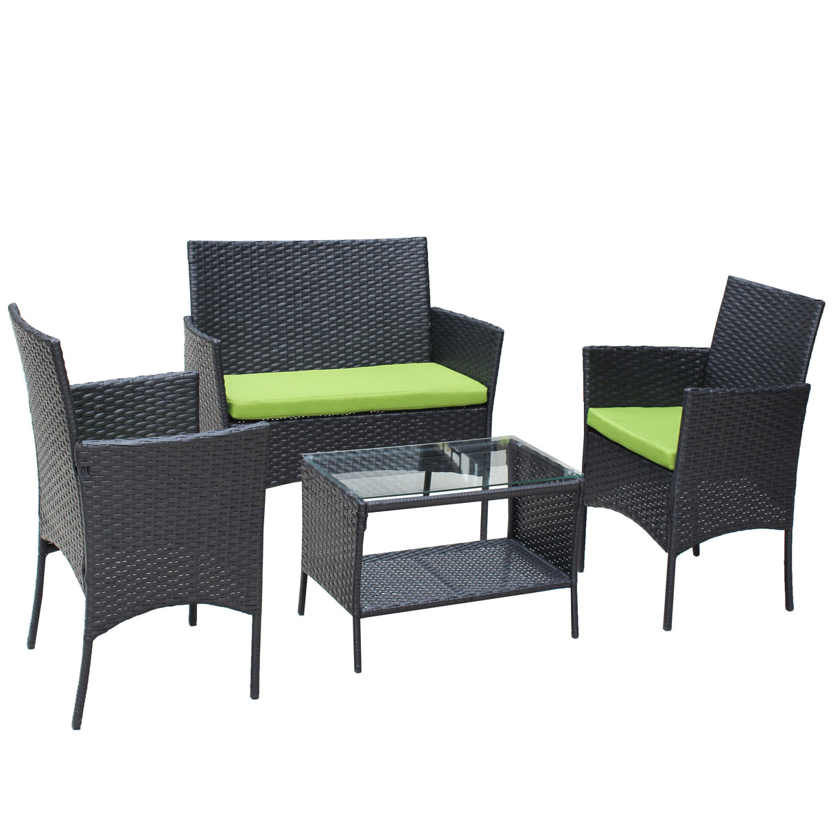 4 PC Rattan Patio Furniture Set Outdoor Cushioned Wicker Sofa Green Cushion