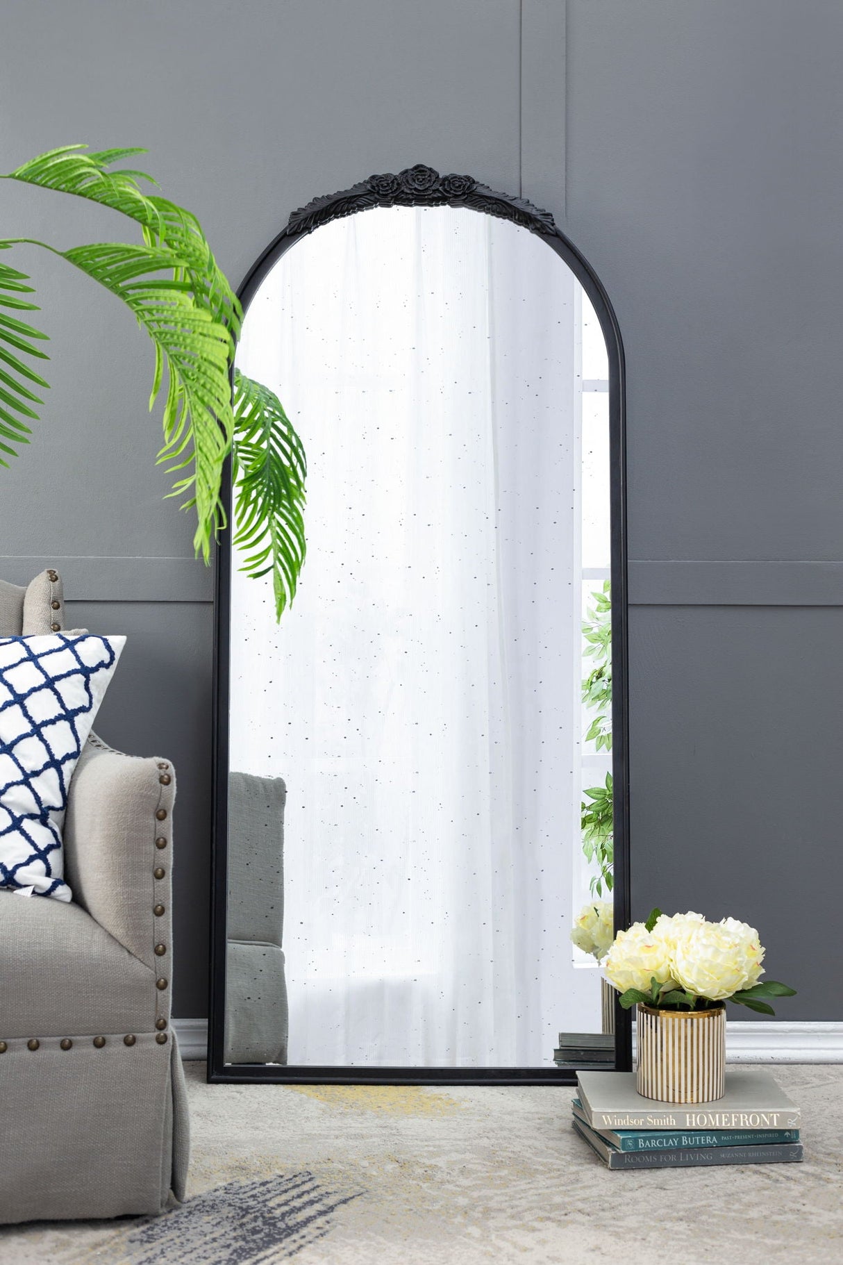 Hand Carved Rose Antique Mirror Frame, Wood Arch Mirror Wall Decor For Living Room