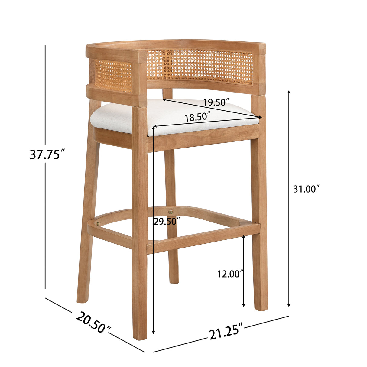 Wood And Rattan Upholstered Arm Bar Stools, Set of 2