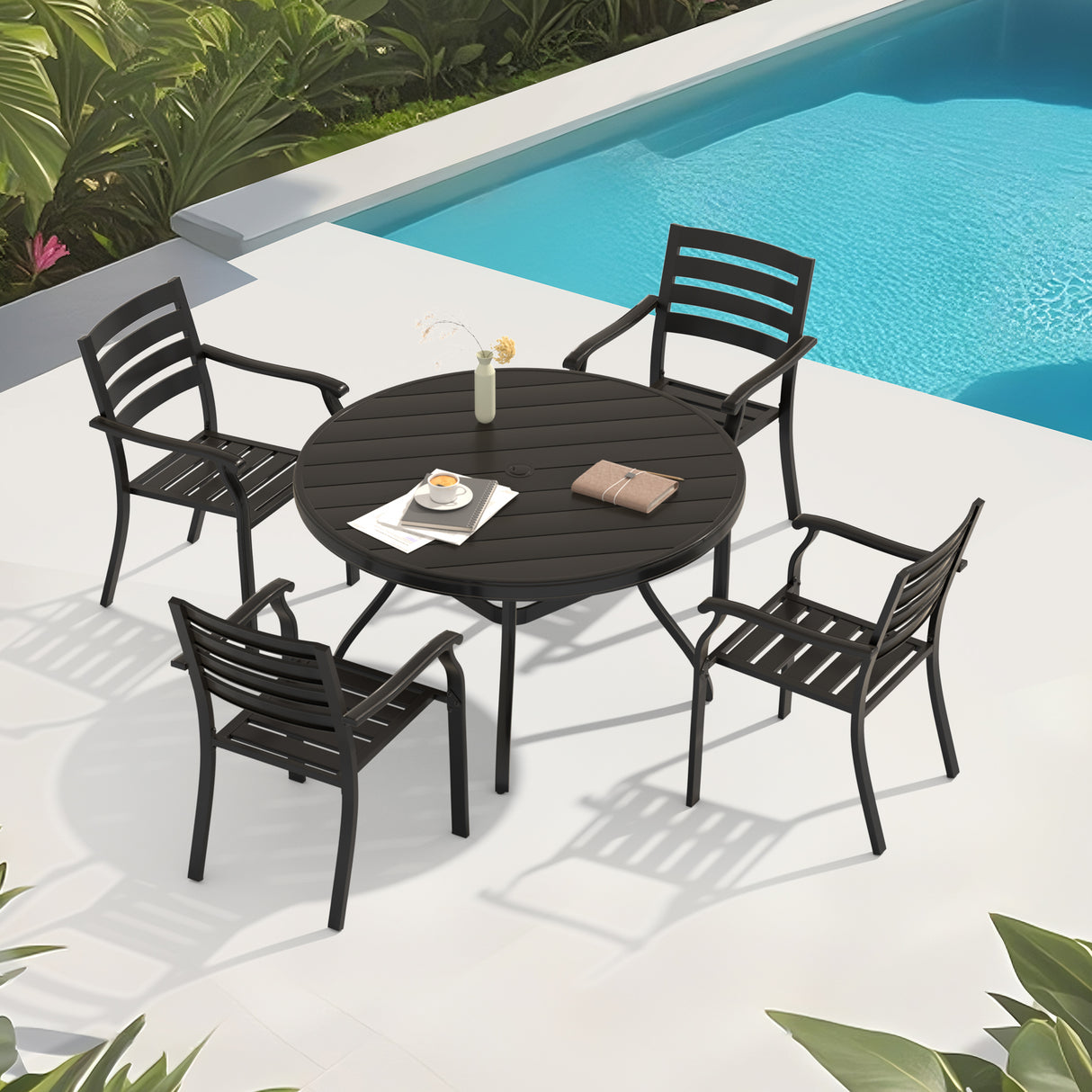 5 Pieces Outdoor Patio Dining Set, 4 Stackable Metal Dining Chairs and 40.6' Round Metal Dining Table