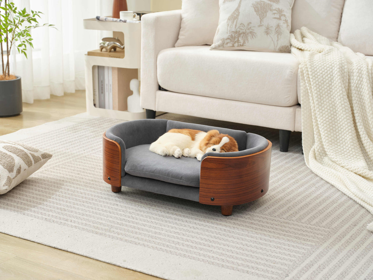 Scandinavian Style Elevated Dog Bed with Solid Walnut Wood Legs