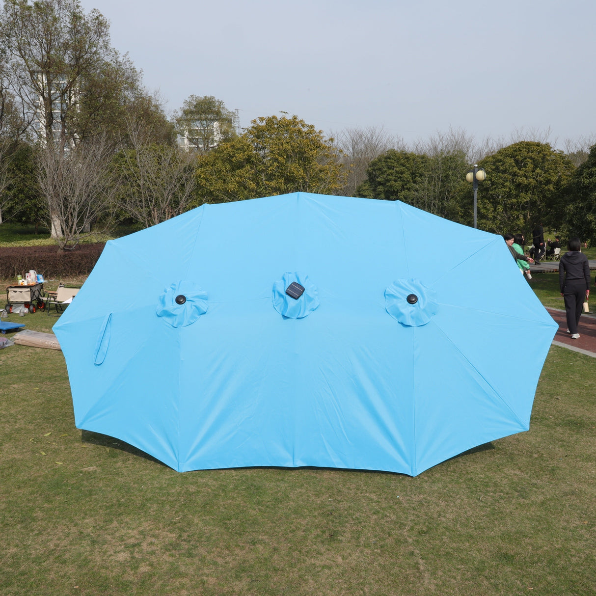 15 x 9 ft Double-Sided Outdoor Market Umbrella with Lights and Base – Blue