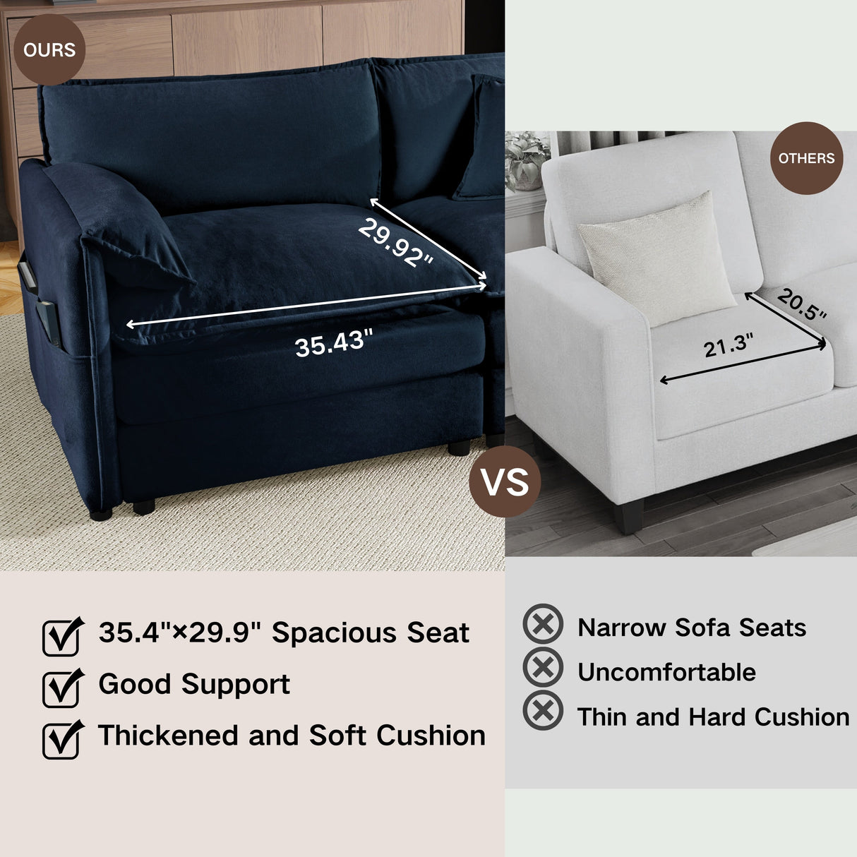 Oversized Deep Seat Sectional Sofa Modern Chenille Cloud Couch Large 3 Seater Modular Sofa with 3 Pillows