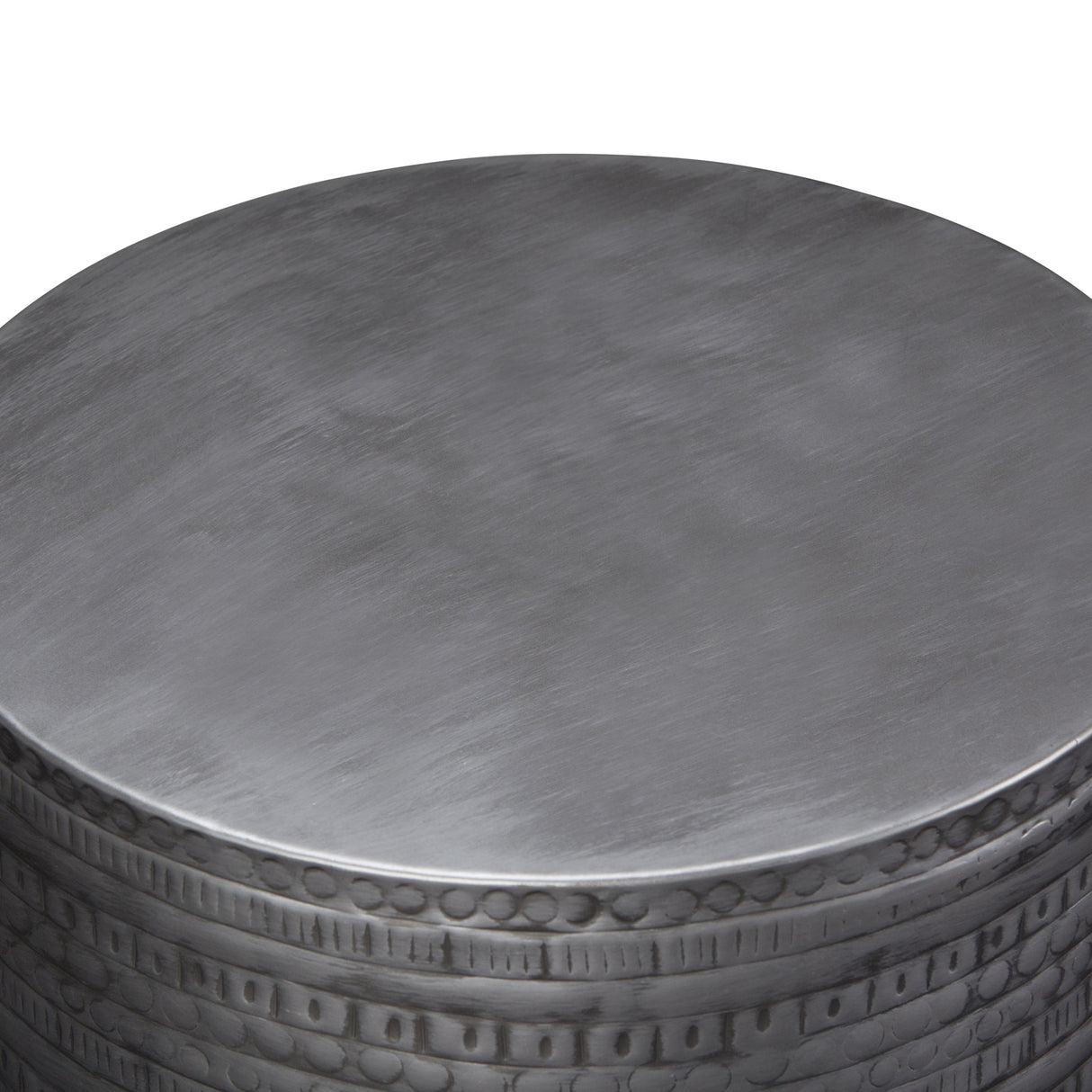 Johnsen 15 Inch Wide Tribal Pattern Metal Accent Table in Antique Silver