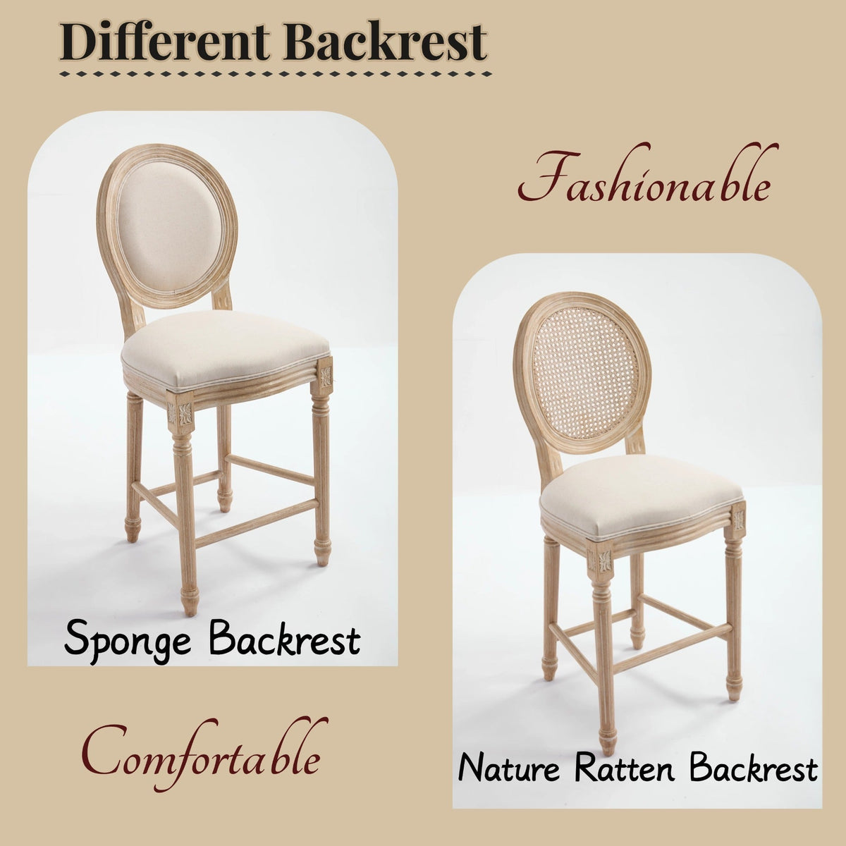 French Country 26'' Height Bar Chairs with Beige Linen Upholstery - Set of 2