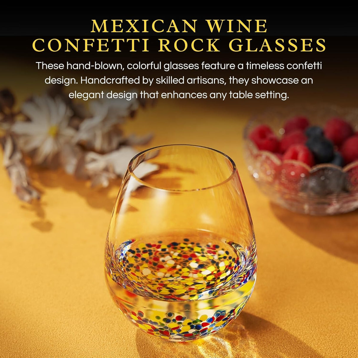 The Wine Savant Mexican Wine Glasses Hand Blown Confetti Rock - Clear