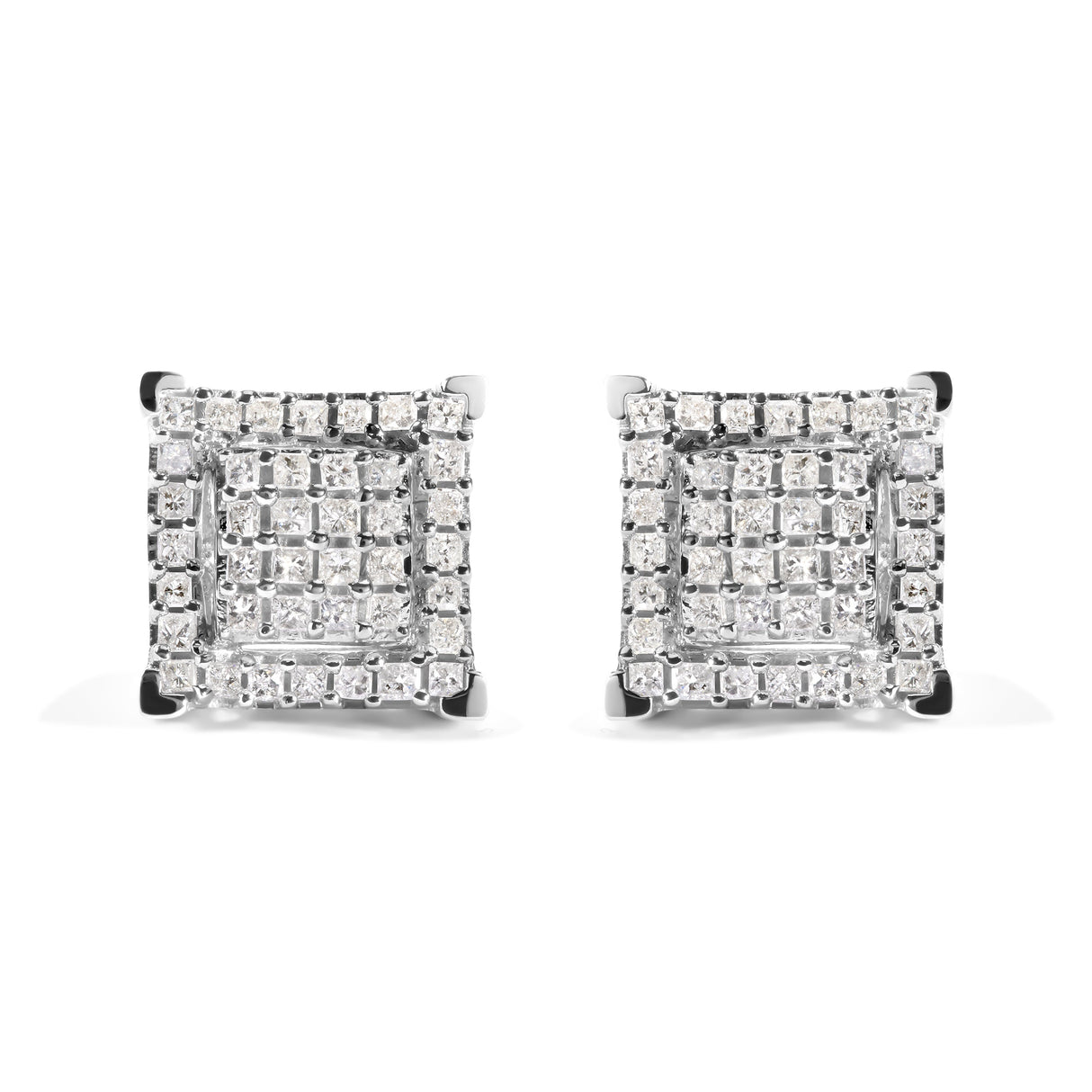 10K White Gold 1 1/4 Cttw Princess Diamond Composite Double Square and Halo Stud Earrings (I-J Color, I1-I2 Clarity)