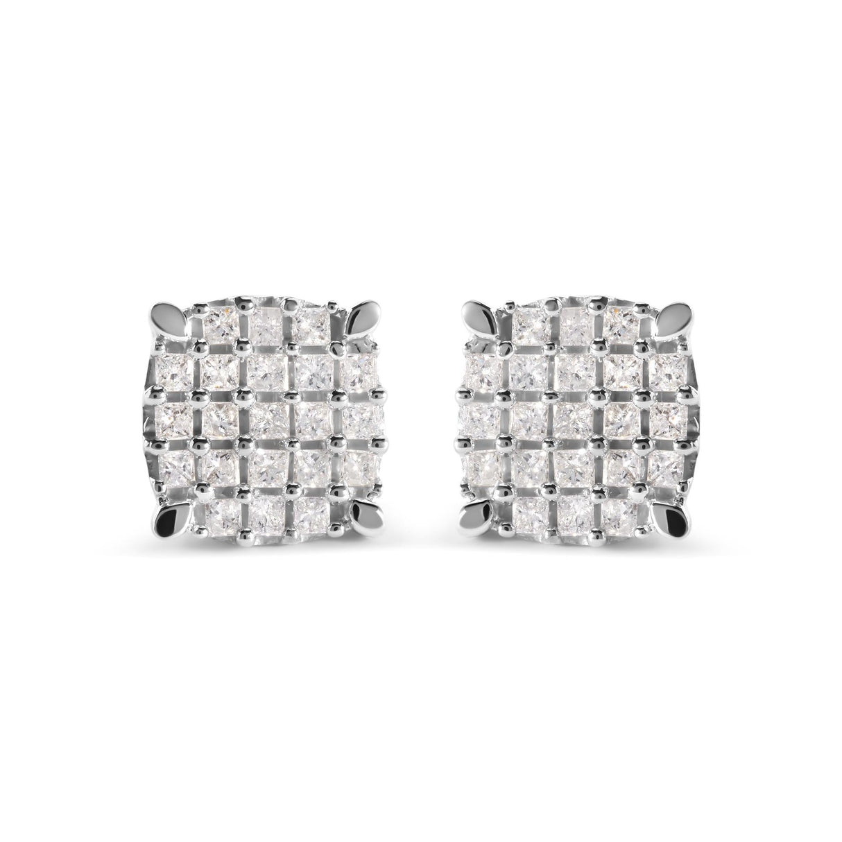 10K White Gold 3/4 Cttw Princess Diamond Composite Cushion Shape Stud Earrings (I-J Color, I1-I2 Clarity)