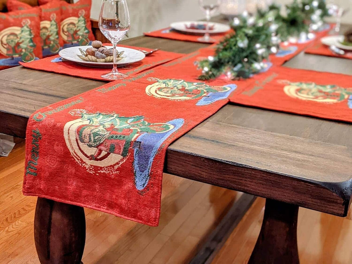 Red Santa Claus Christmas Tree Woven Tapestry Dining Table Runner (17615)
